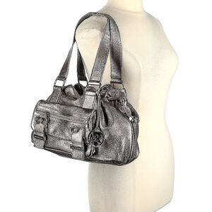 Michael Kors Silver Pewter Gray Leather Hobo Drawstring Shoulder Belted Bag